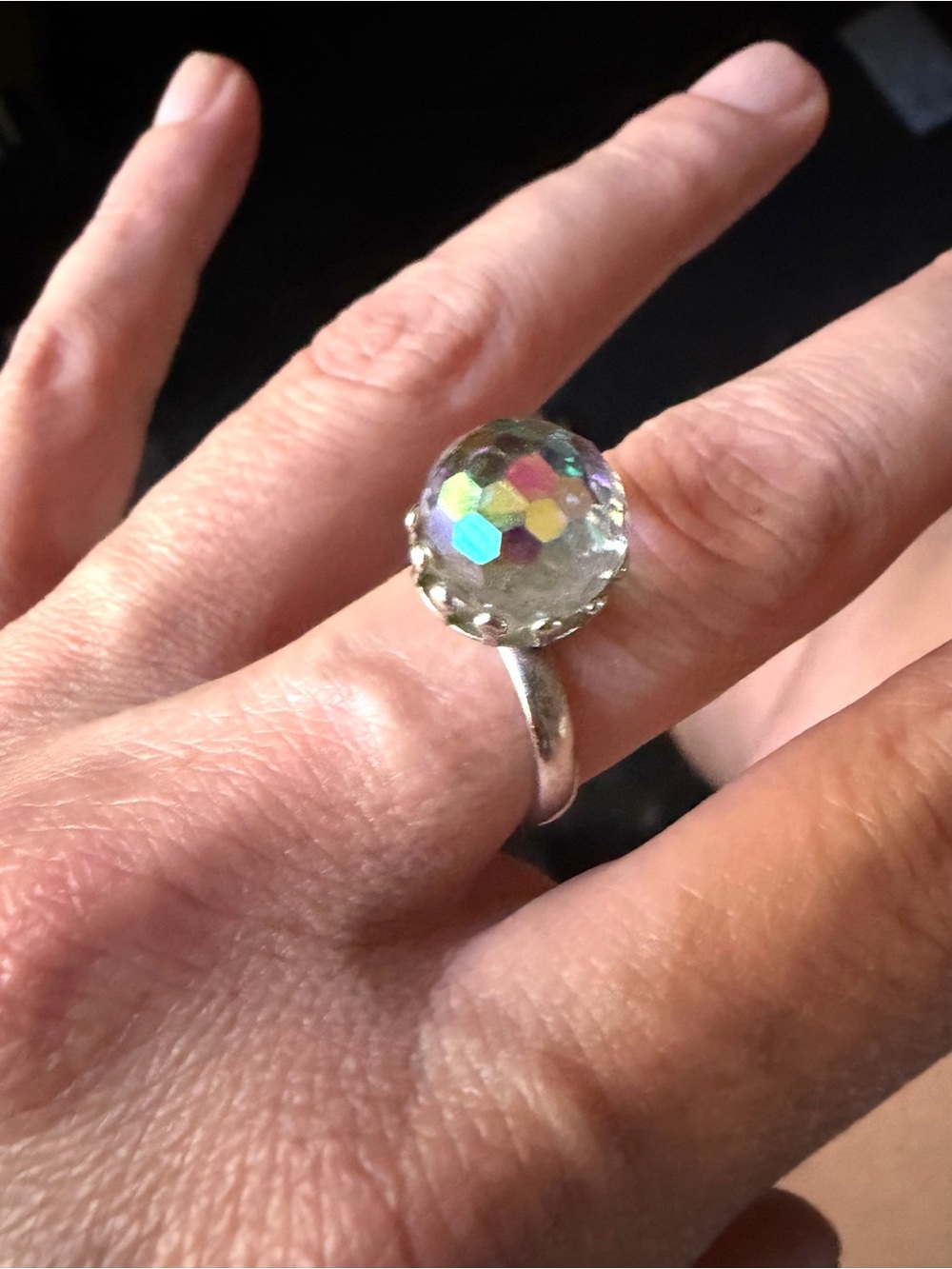 Rare Vintage 1970s Aurora Borealis crystal "disco ball" ring #0119